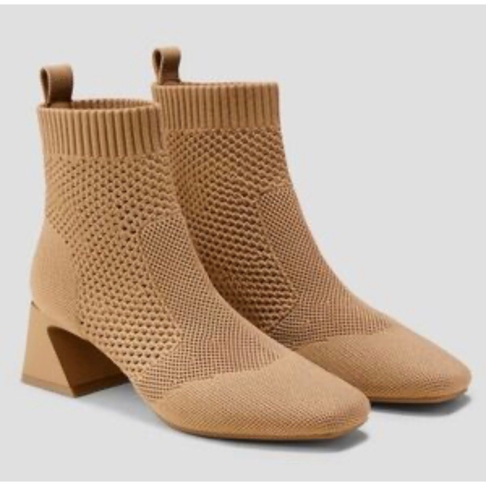 Vivaia Regina Tan Recycled Knit Square Toe Geometric Block Heel Ankle Boots 40